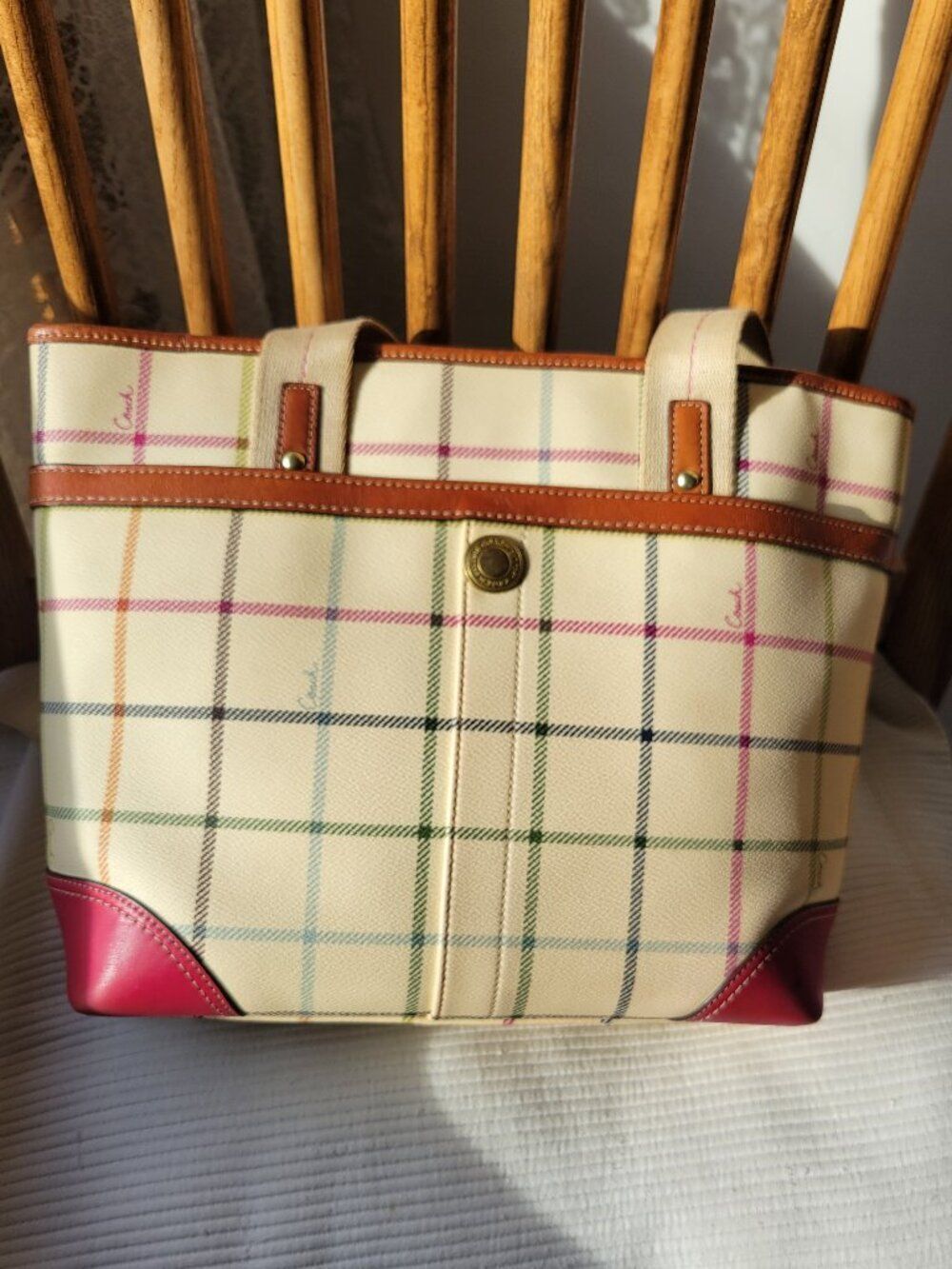 Coach Hampton Plaid Tote Pink Multicolor Tattersall- Authenticated - Picture 9 of 13